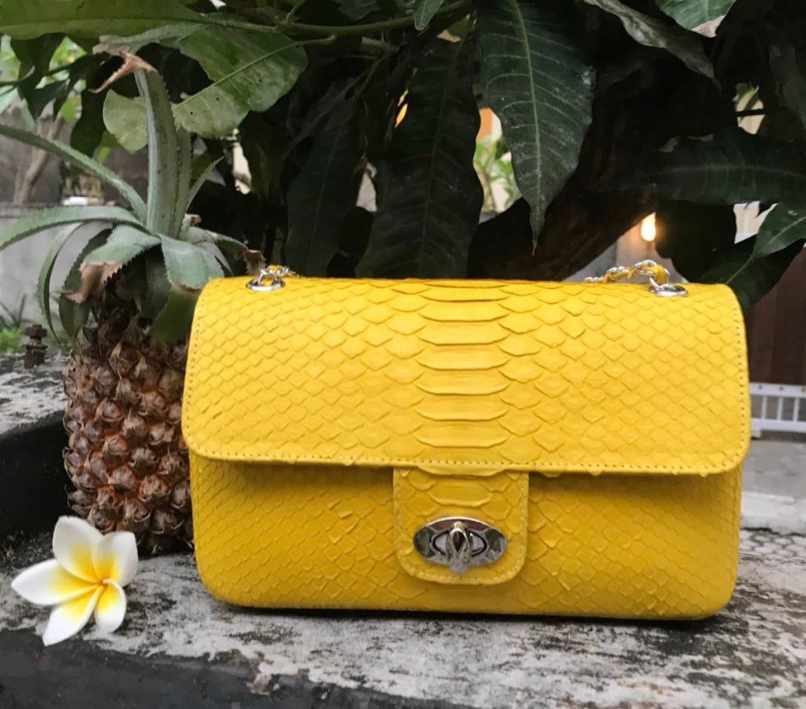 Yellow Genuine Python Skin Crossbody Chain Bag