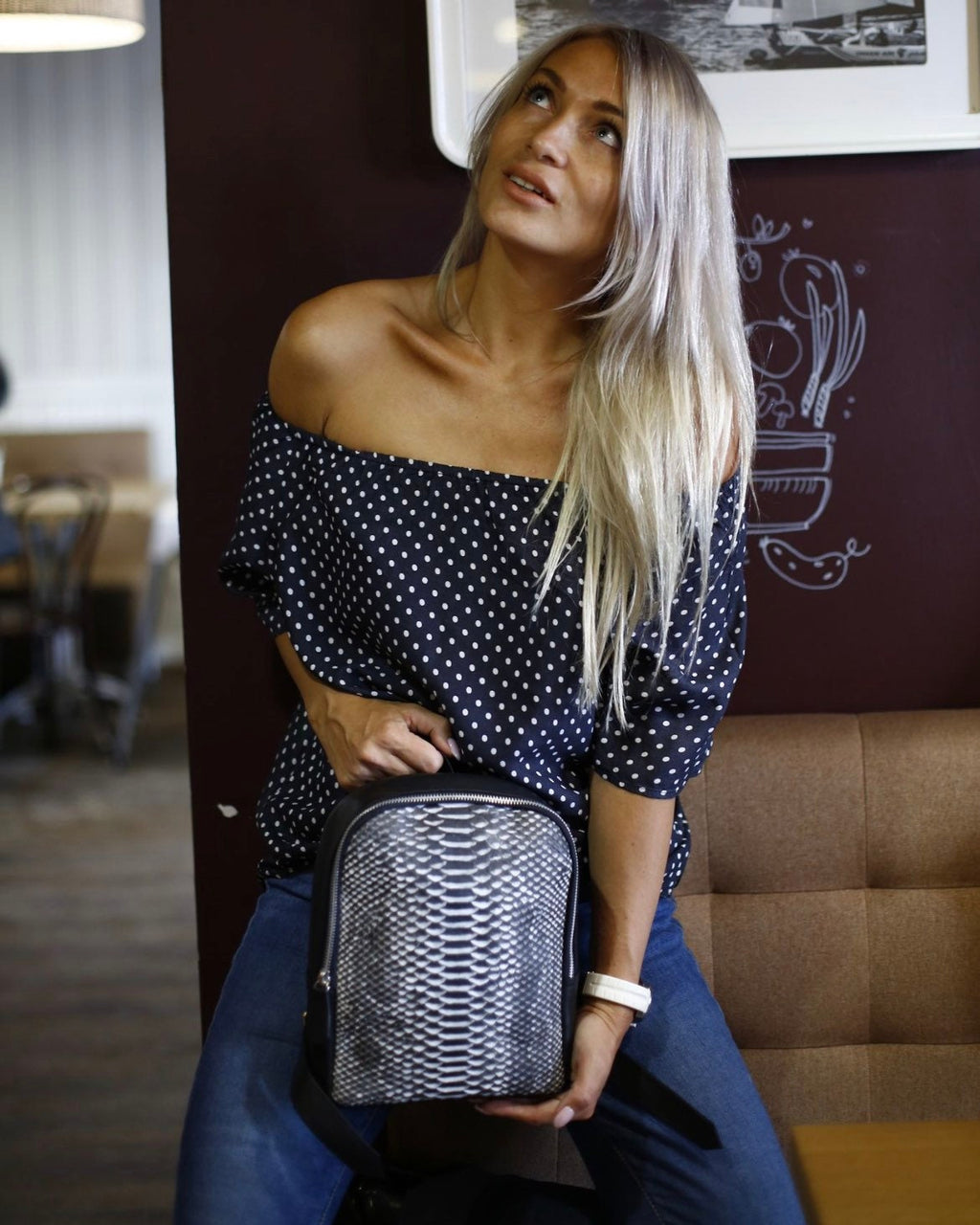Genuine Python Skin Mini Backpack — Black & White