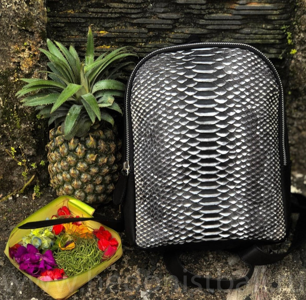 Genuine Python Skin Mini Backpack — Black & White