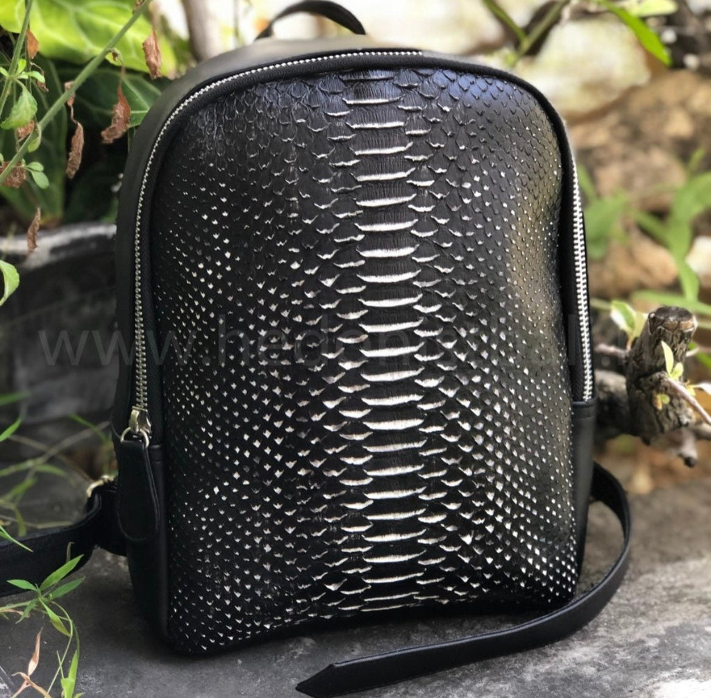 Genuine Python Skin Mini Backpack — Black & White
