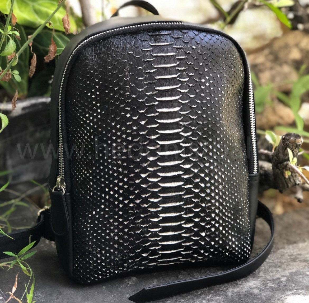 Genuine Python Skin Mini Backpack — Black & White