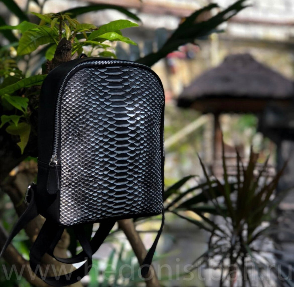 Genuine Python Skin Mini Backpack — Black & White
