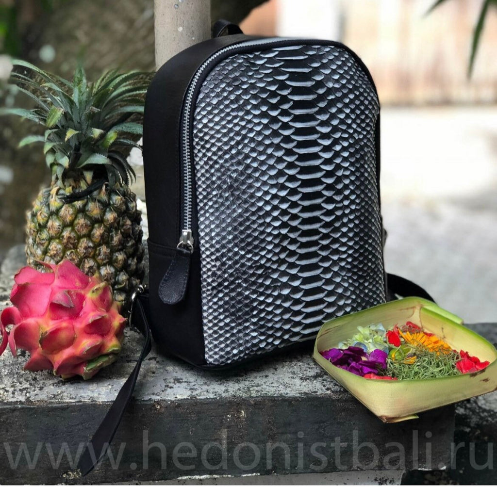 Genuine Python Skin Mini Backpack — Black & White