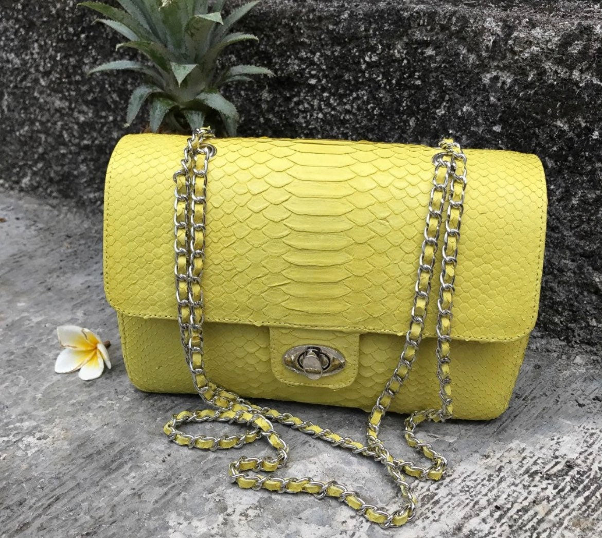 Genuine Python Skin Maxi Crossbody Bag — Yellow