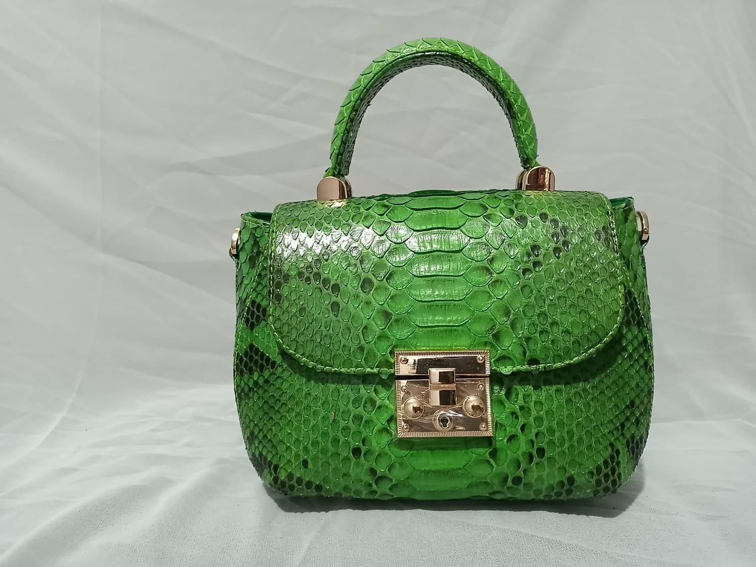 Genuine Python Skin Top Handle Bag — Green