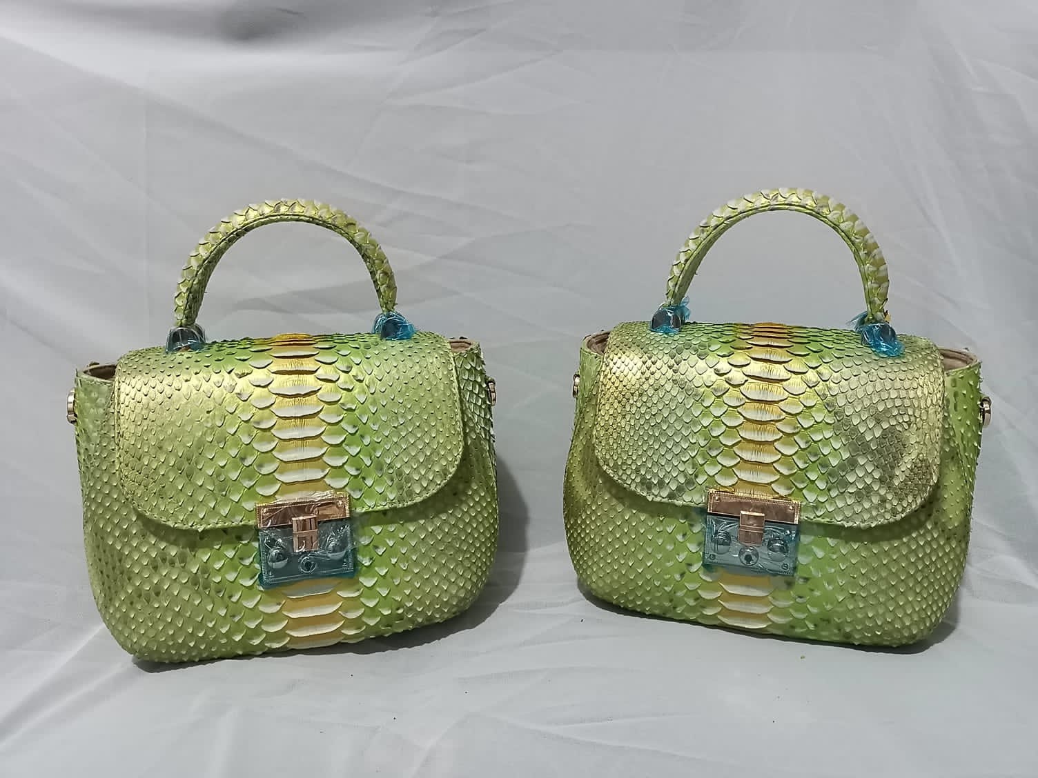Genuine Python Skin Top Handle Bag — Lime Multicolor