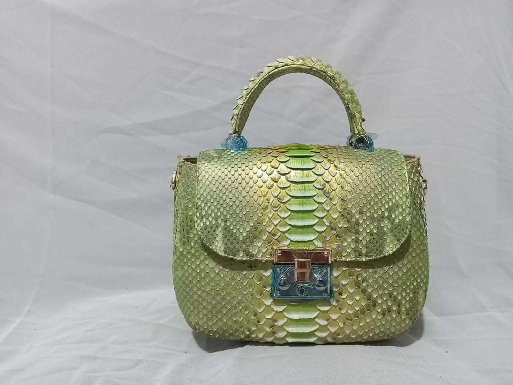 Genuine Python Skin Top Handle Bag — Lime Multicolor