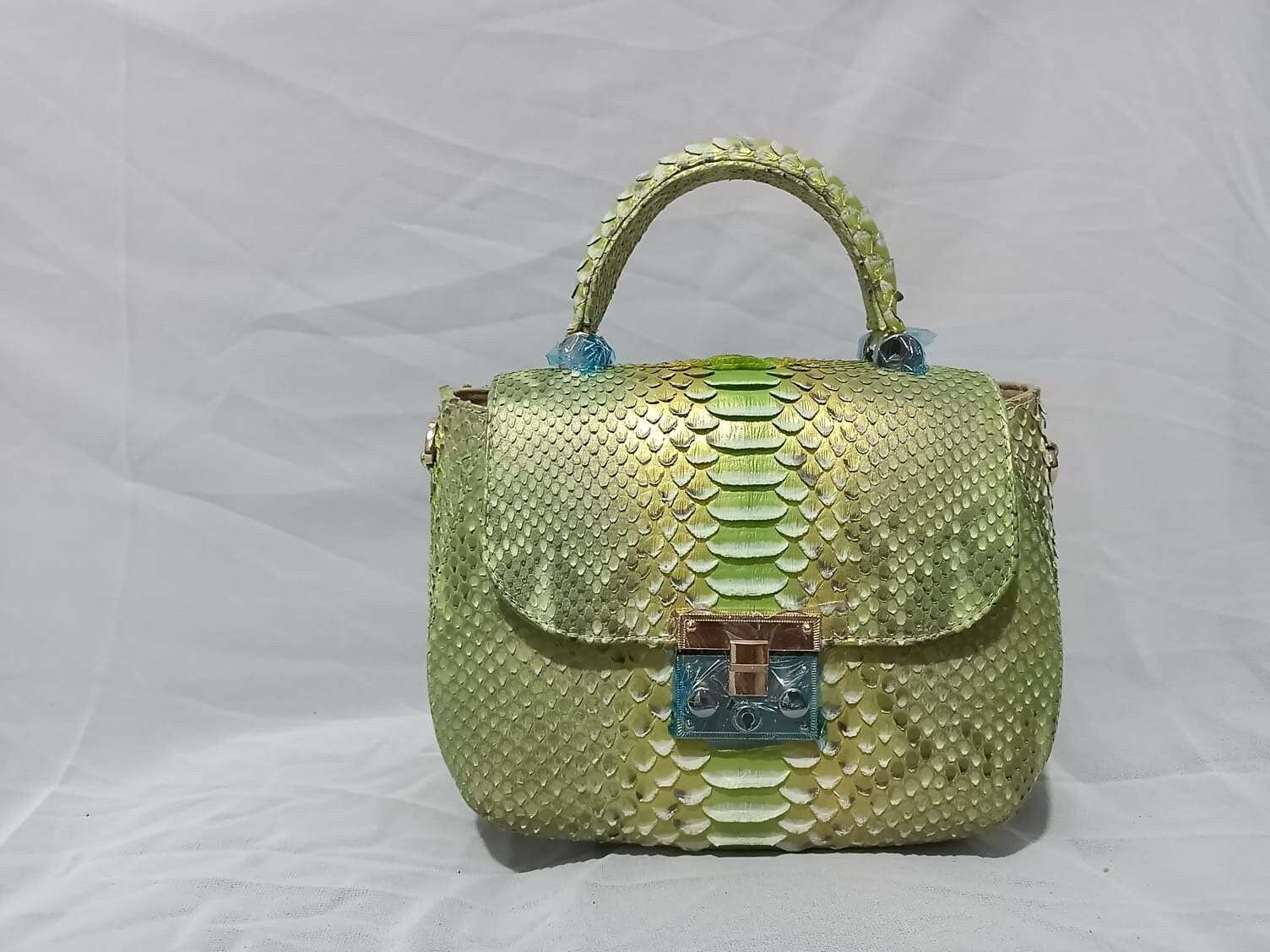 Genuine Python Skin Top Handle Bag — Lime Multicolor