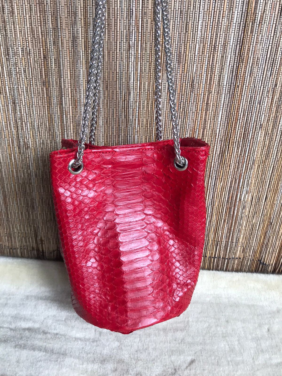 Genuine Python Skin Bucket Bag — Red