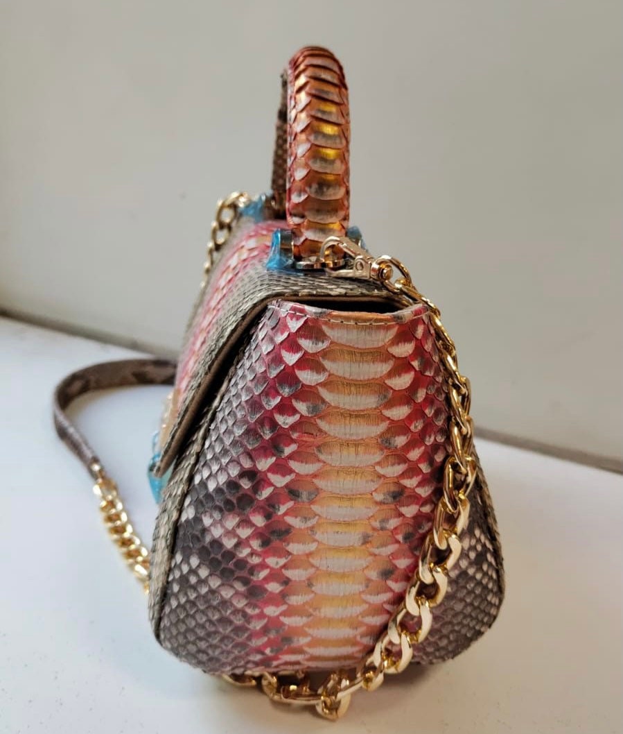 Genuine Python Skin Top Handle Bag — Bronze