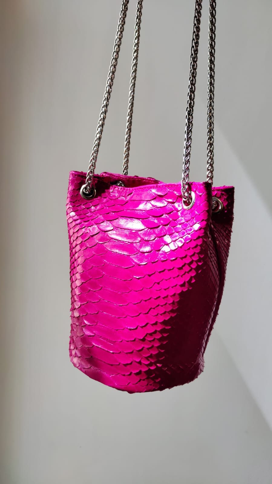 Genuine Python Skin Bucket Bag — Fuchsia