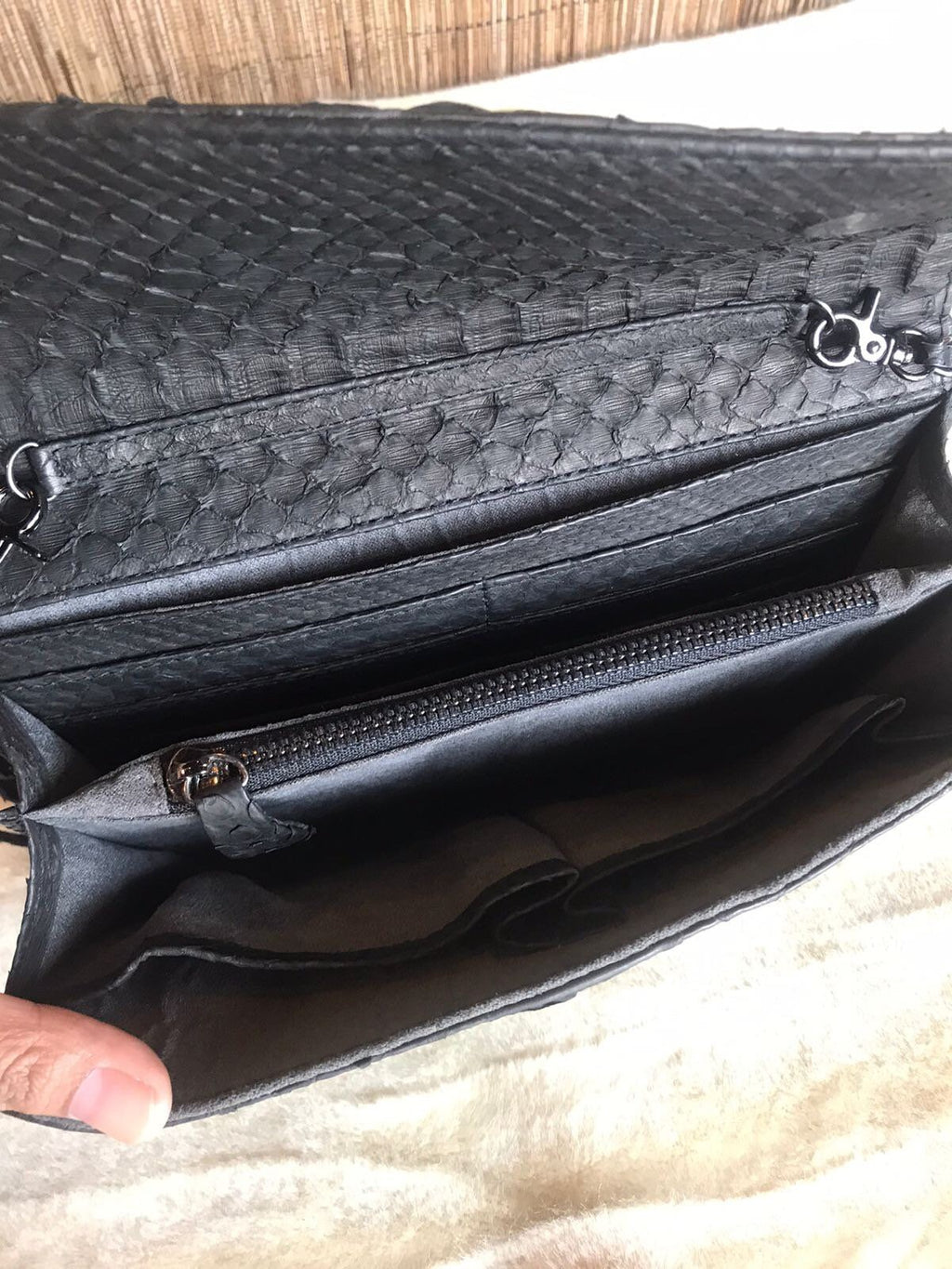 Genuine python skin classy flat clutch with shoulder chain