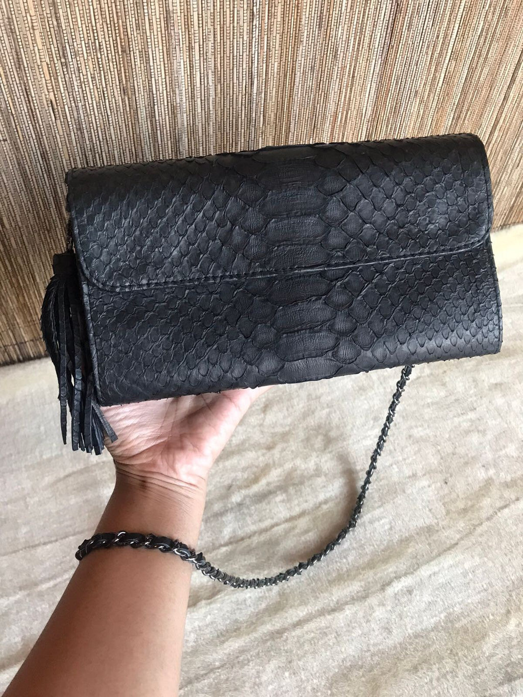Genuine python skin classy flat clutch with shoulder chain