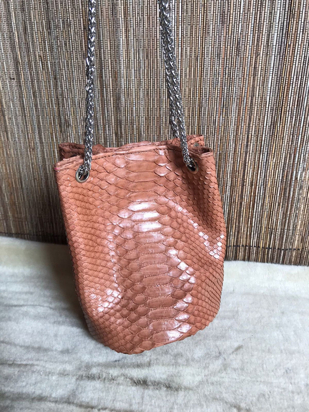 Genuine Python Skin Bucket Bag — Beige