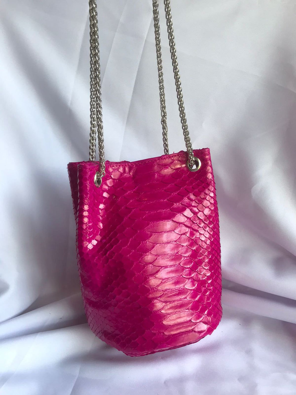 Genuine Python Skin Bucket Bag — Fuchsia