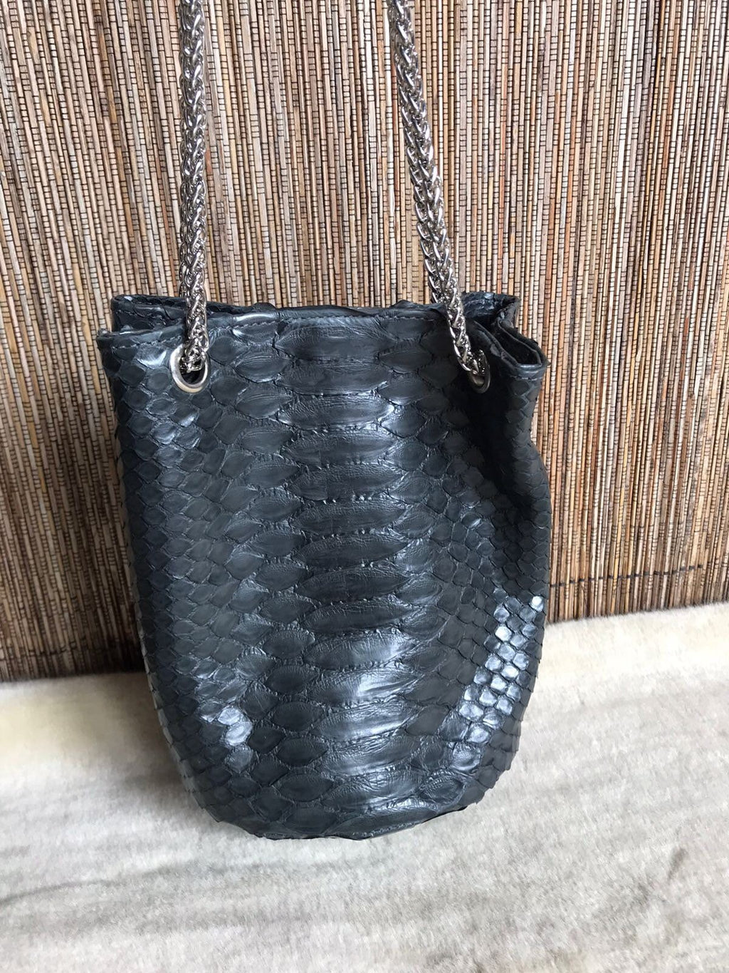 Genuine Python Skin Bucket Bag — Black