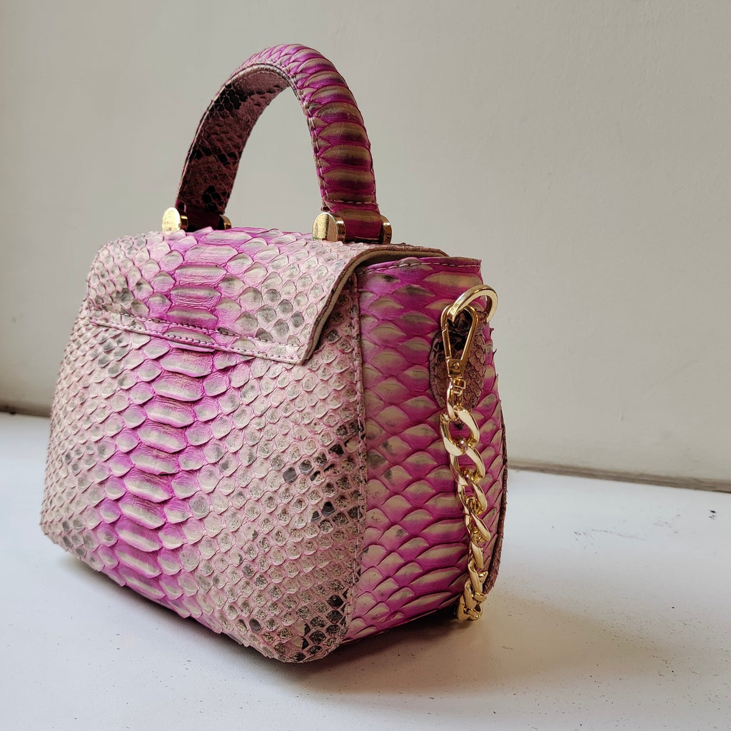 Genuine python top handle bag / designer bag / exotic leather bag / baby pink multicolor summer bag / snake  print designer classy purse — Red