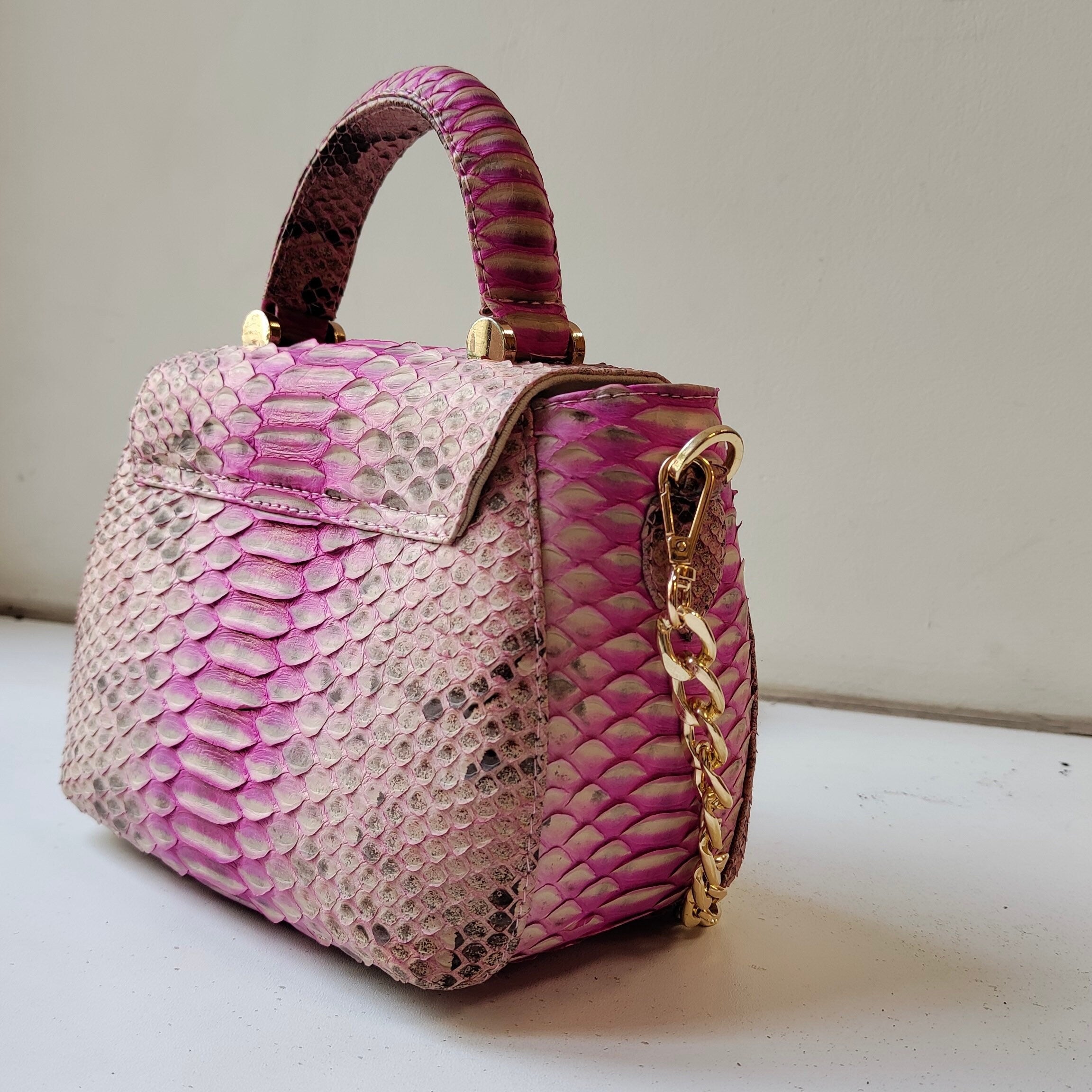 Genuine python top handle bag / designer bag / exotic leather bag / baby pink multicolor summer bag / snake  print designer classy purse — Red