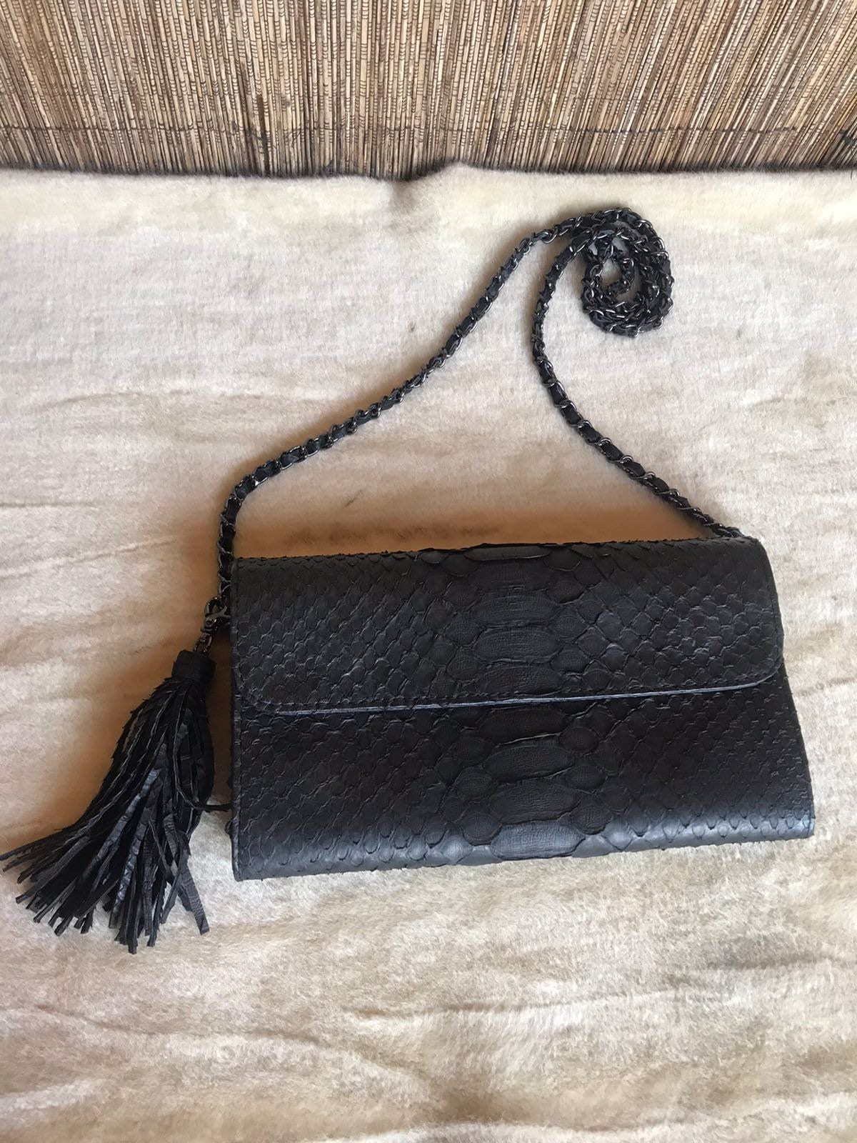Genuine python skin classy flat clutch with shoulder chain