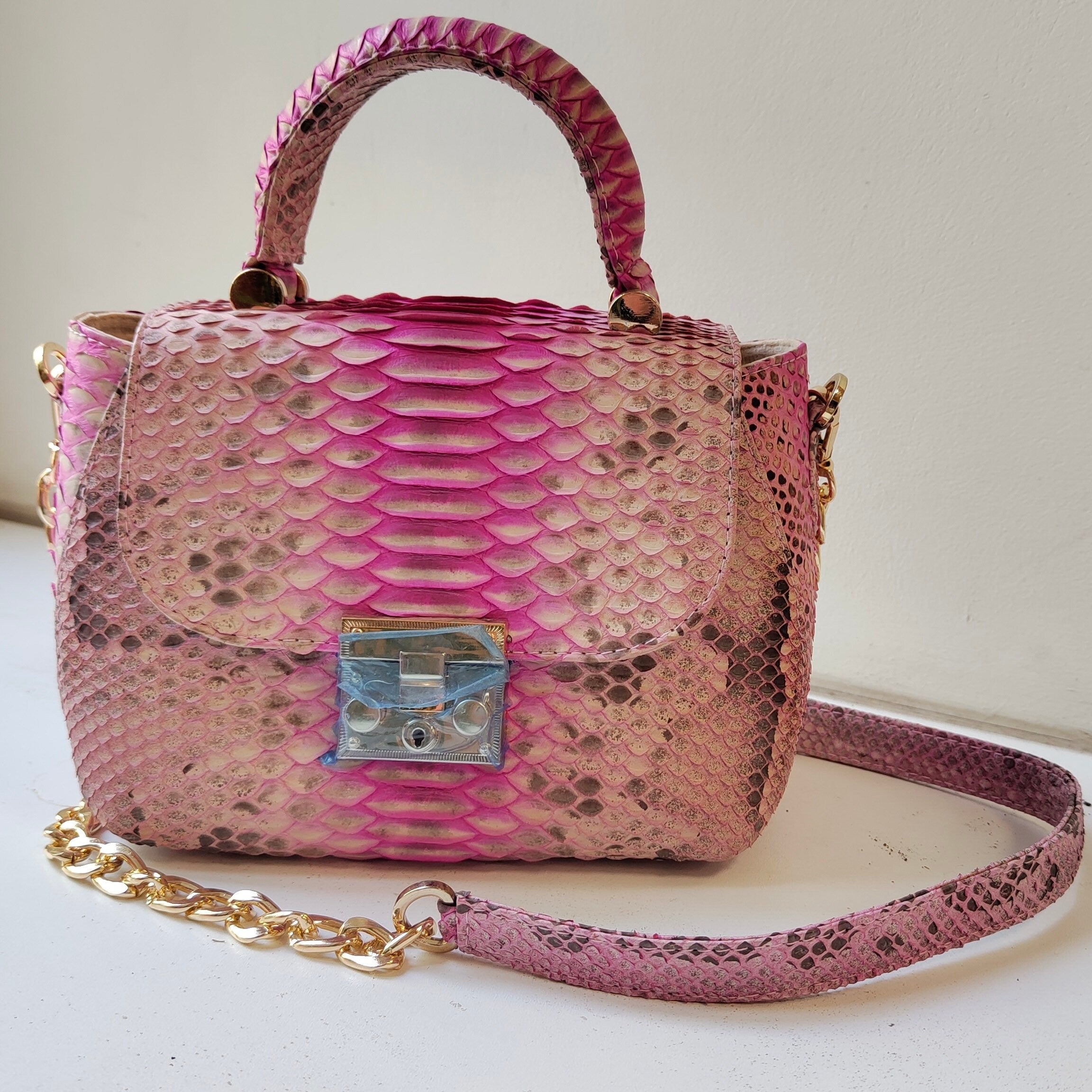 Genuine python top handle bag / designer bag / exotic leather bag / baby pink multicolor summer bag / snake  print designer classy purse — Red
