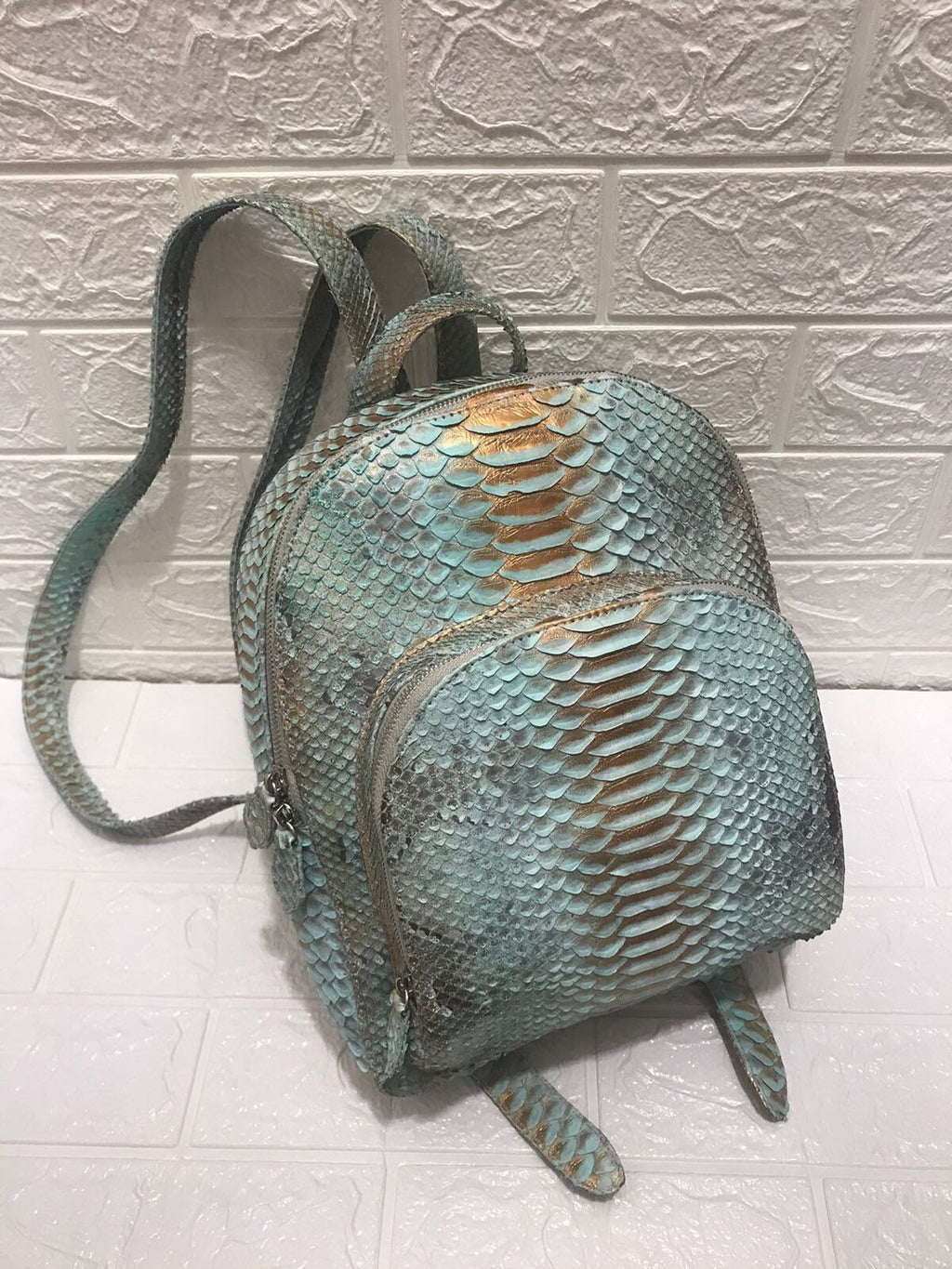 Genuine Python Skin Backpack — Light Blue