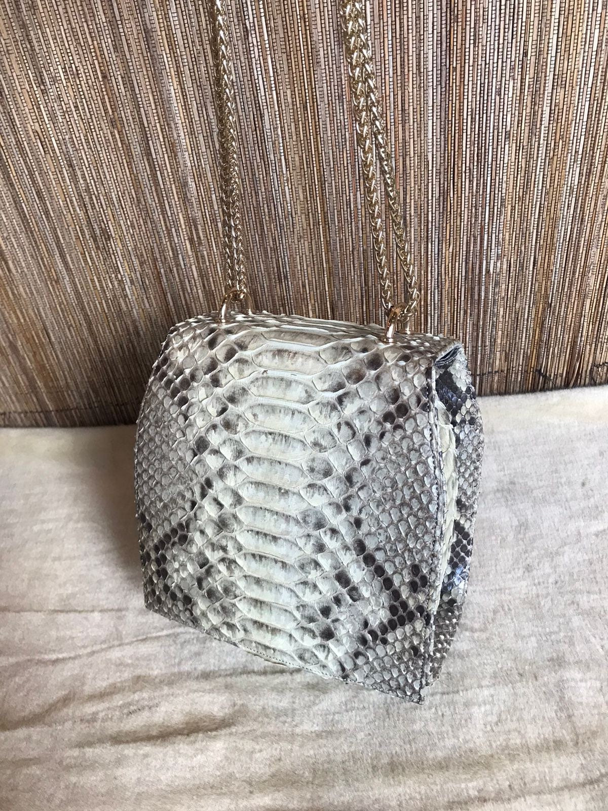 Genuine Python Skin Chain Crossbody Bag — Grey