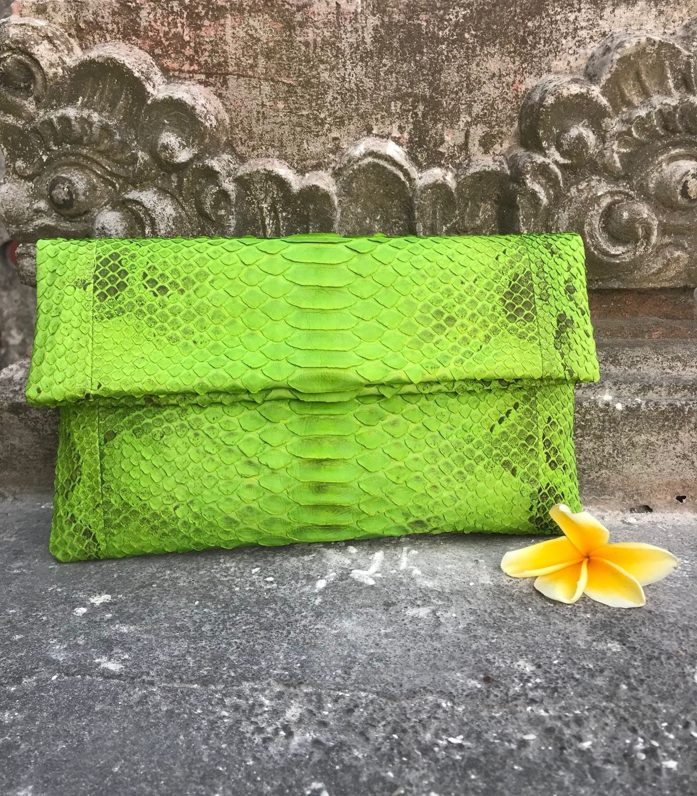 Genuine python skin bright green envelope clutch