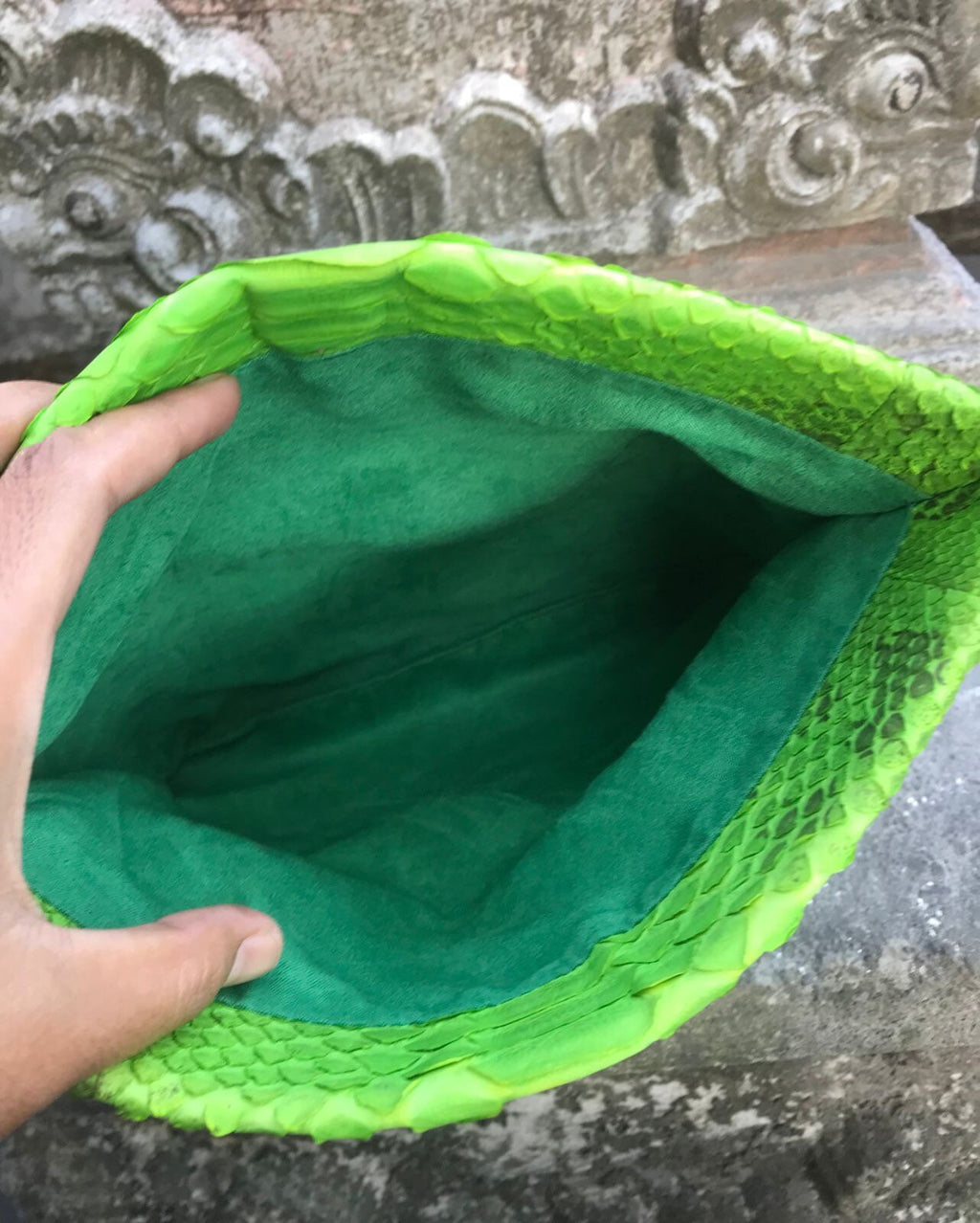Genuine python skin bright green envelope clutch