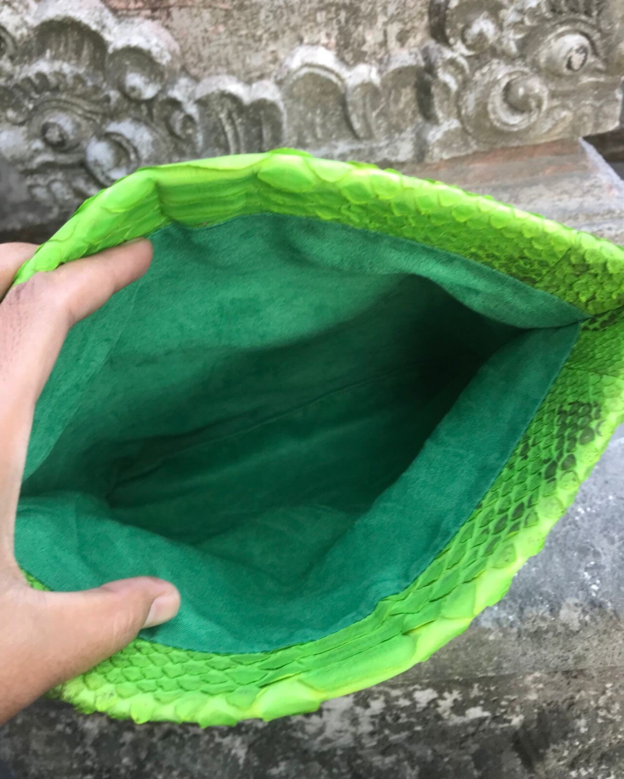 Genuine python skin bright green envelope clutch