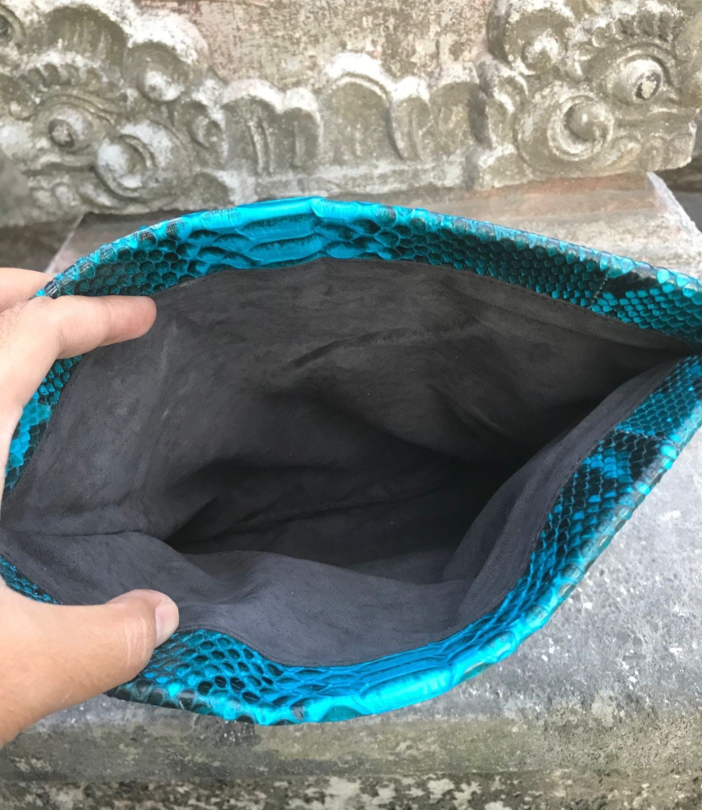 Genuine python skin blue turquise snakeprint envelope clutch