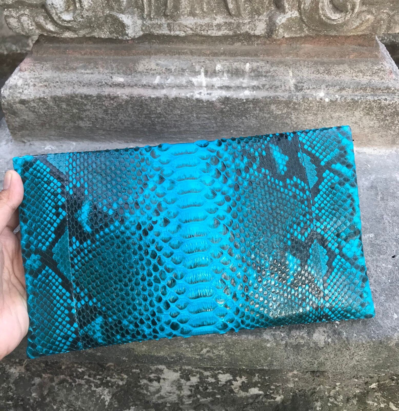 Genuine python skin blue turquise snakeprint envelope clutch