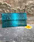 Genuine python skin blue turquise snakeprint envelope clutch