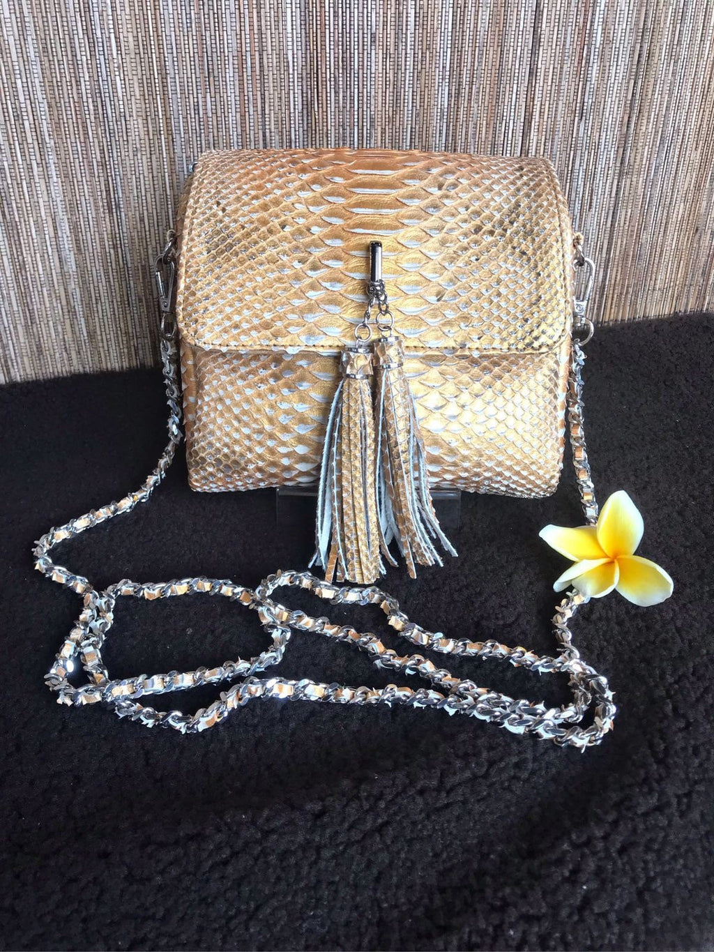 Genuine Python Skin Chain Tassel Crossbody Bag — Beige Gold