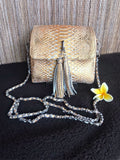 Genuine Python Skin Chain Tassel Crossbody Bag — Beige Gold