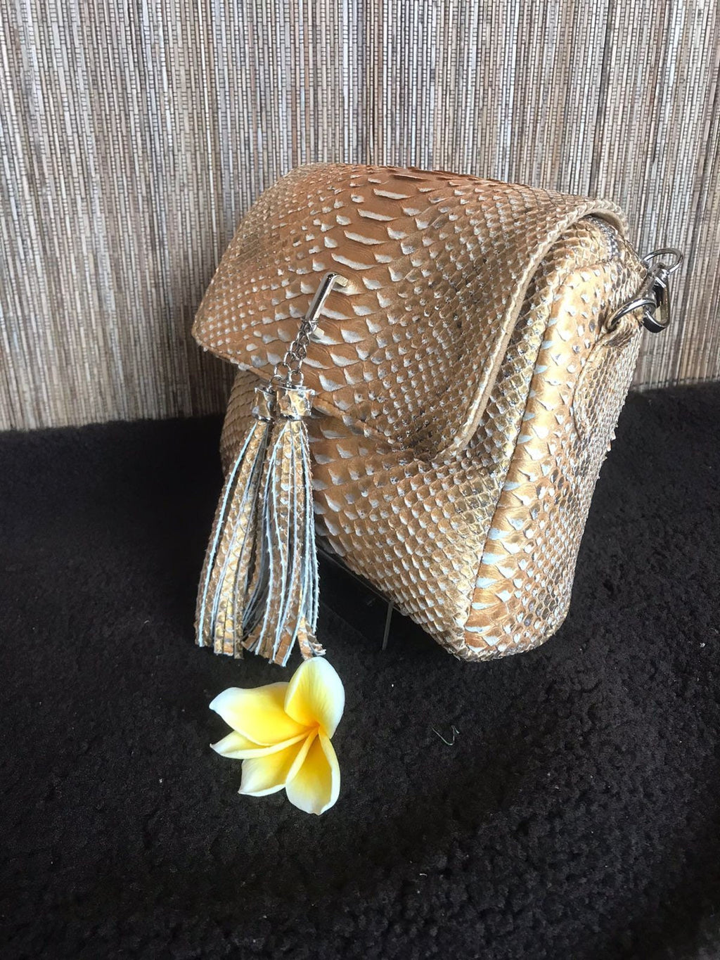 Genuine Python Skin Chain Tassel Crossbody Bag — Beige Gold