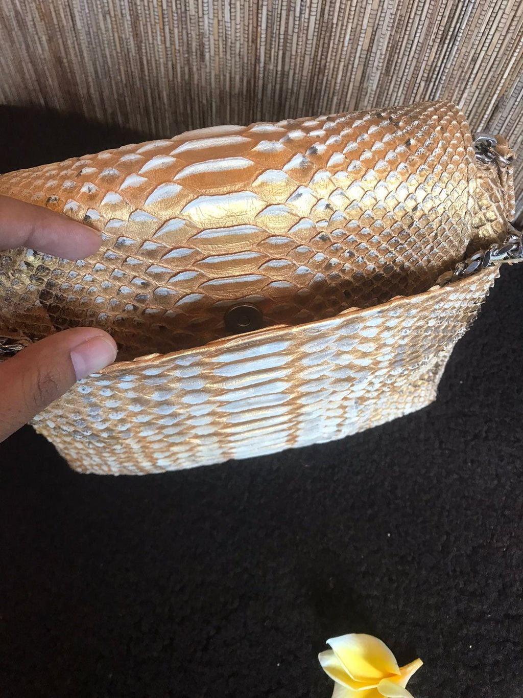 Genuine Python Skin Chain Tassel Crossbody Bag — Beige Gold
