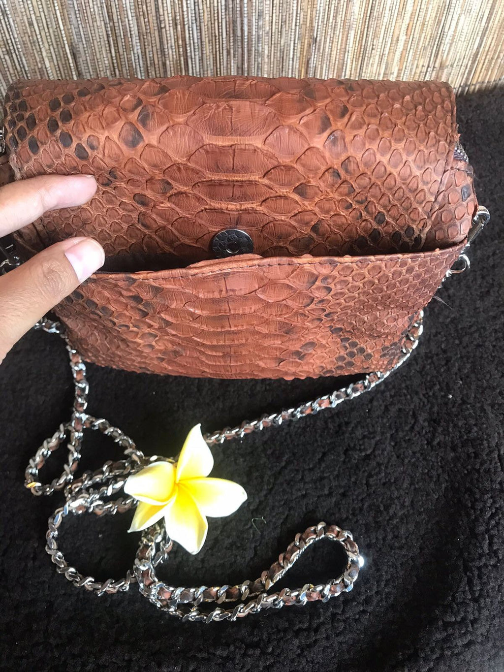 Genuine Python Skin Chain Tassel Crossbody Bag — Brown