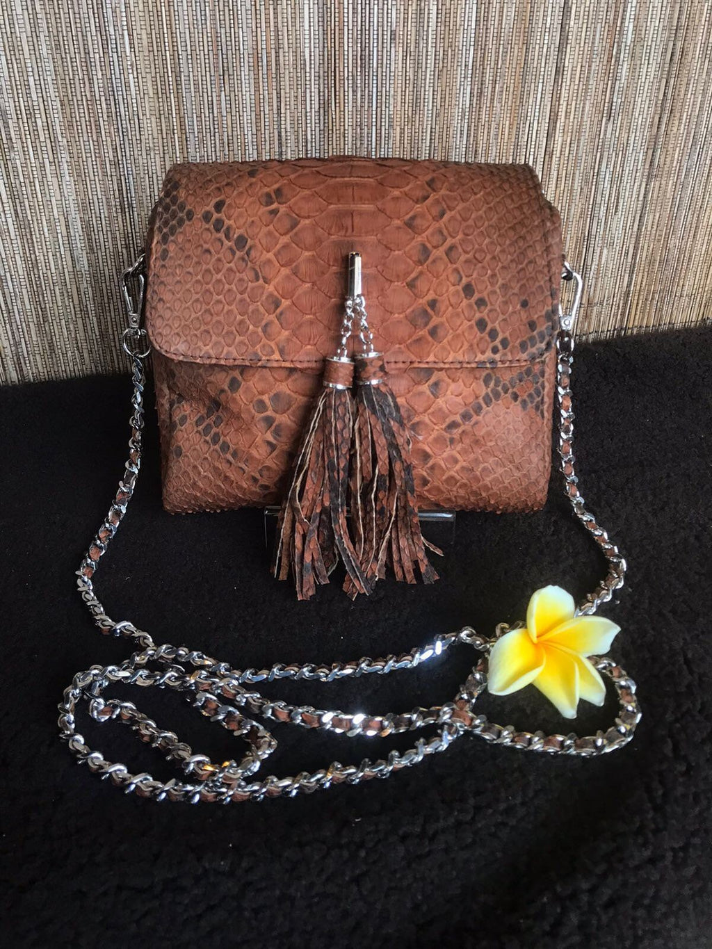 Genuine Python Skin Chain Tassel Crossbody Bag — Brown