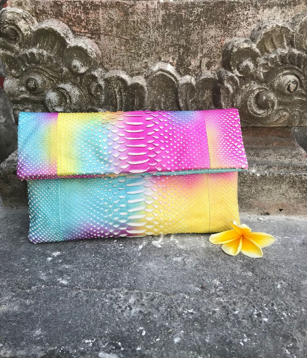 Genuine Python Skin Envelope Clutch — Multicolor Rainbow