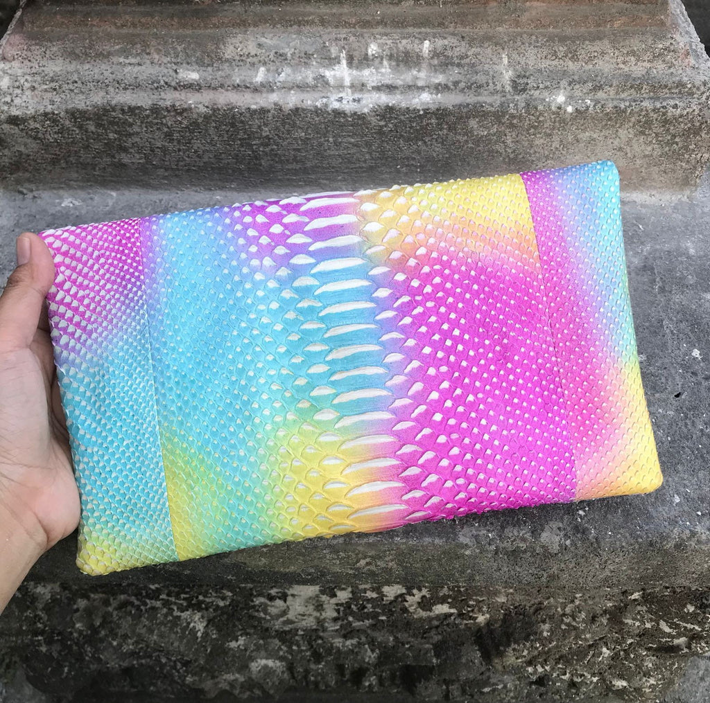 Genuine Python Skin Envelope Clutch — Multicolor Rainbow