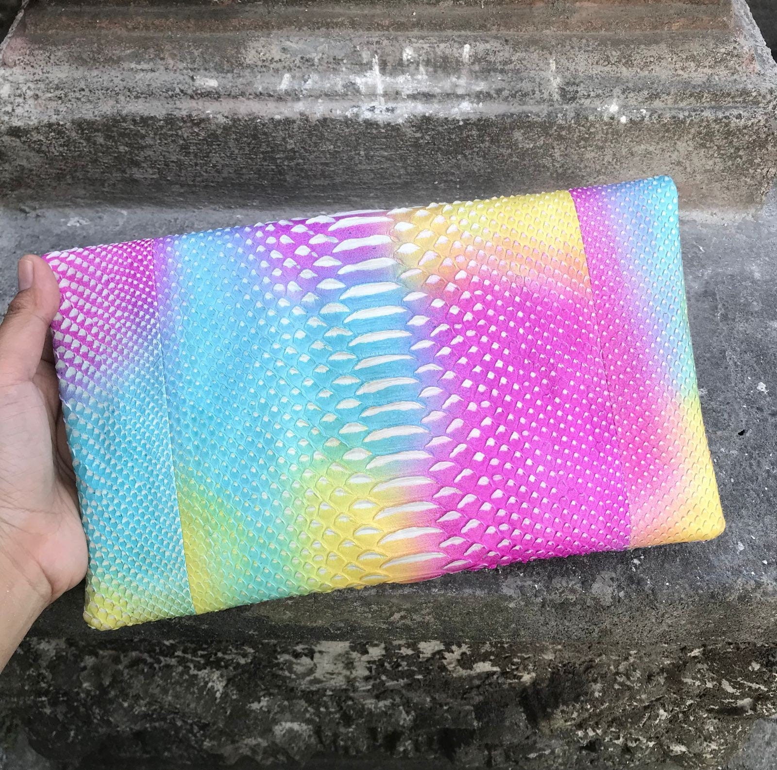 Genuine Python Skin Envelope Clutch — Multicolor Rainbow