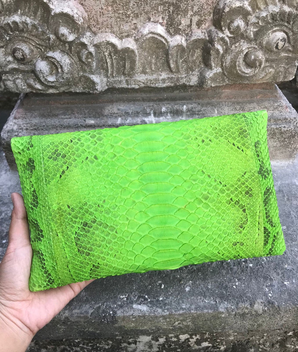 Genuine python skin bright green envelope clutch
