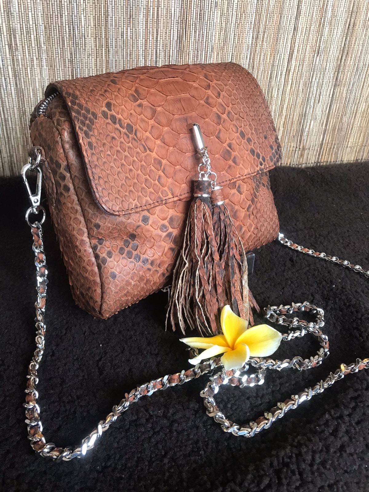 Genuine Python Skin Chain Tassel Crossbody Bag — Brown