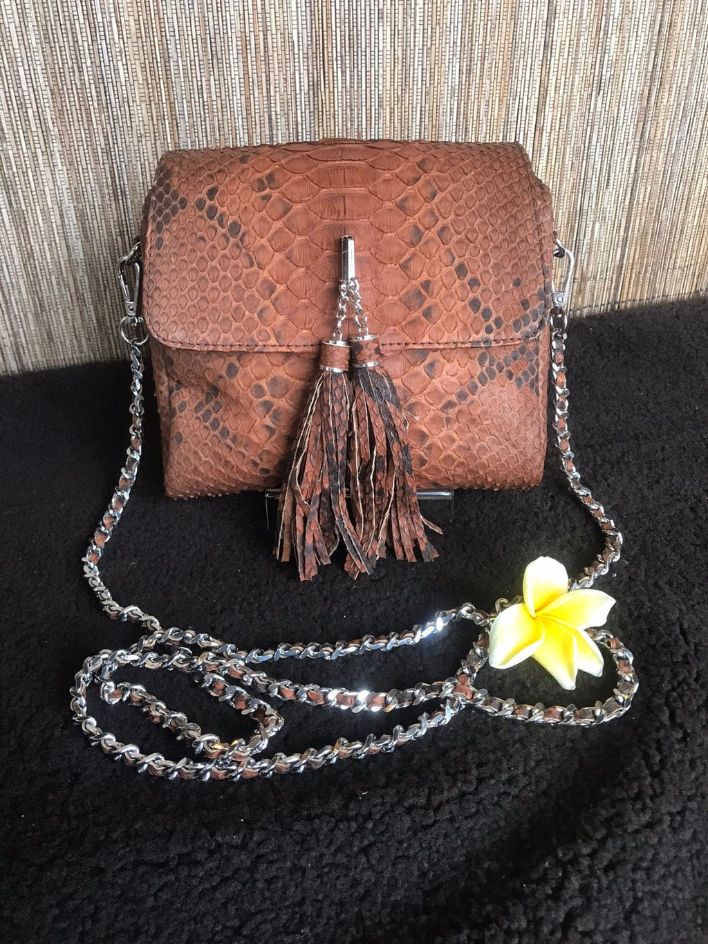 Genuine Python Skin Chain Tassel Crossbody Bag — Brown