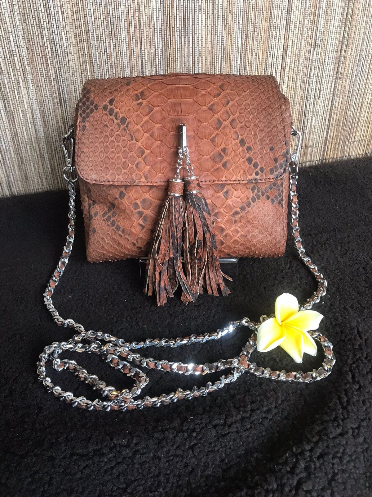 Genuine Python Skin Chain Tassel Crossbody Bag — Brown