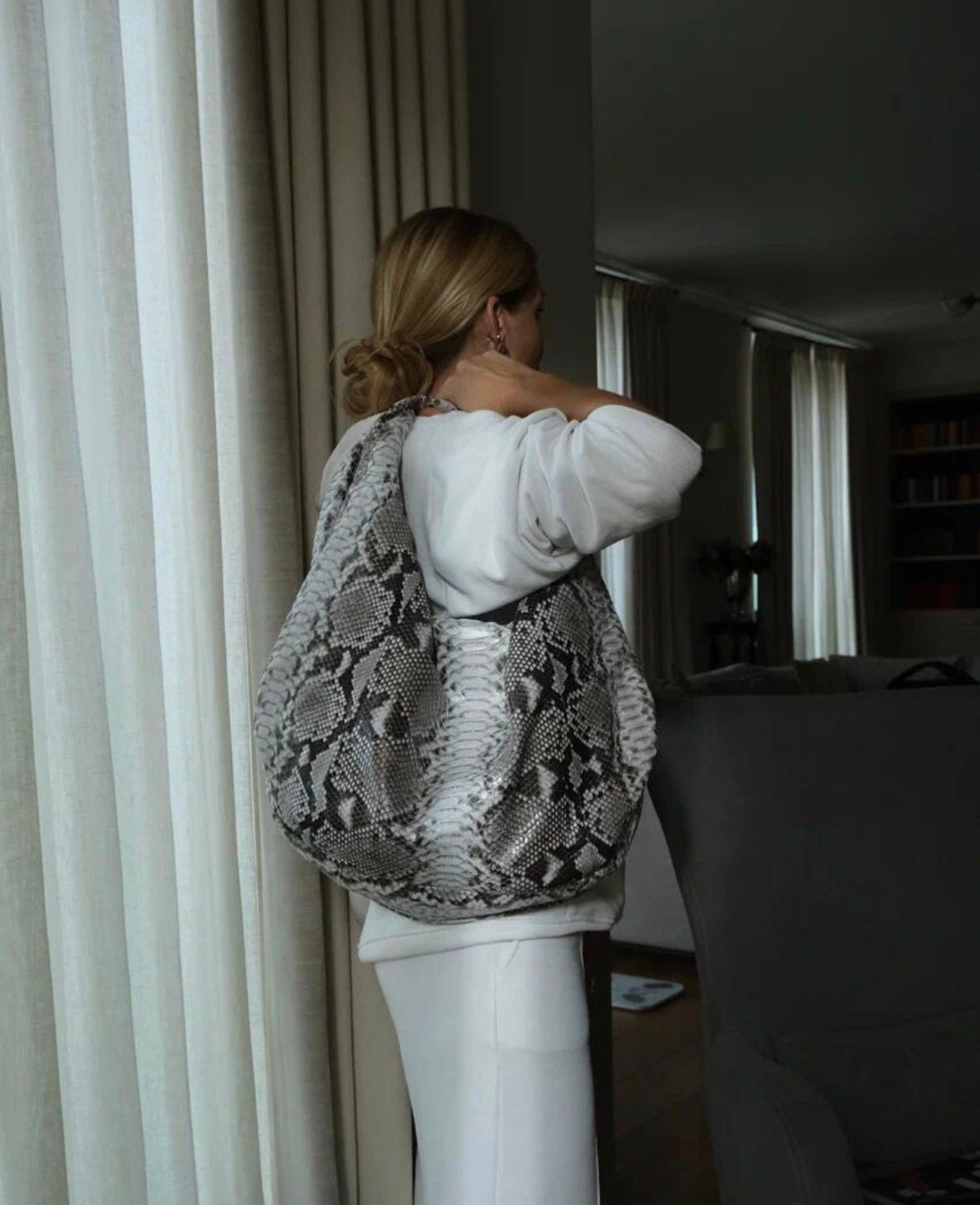 Big Soft Hobo Classy Sport Woman Bag | Purse Genuine Python Skin | Python Skin Products | Gray Big Elegant Leather Designer Soft Bag Snake