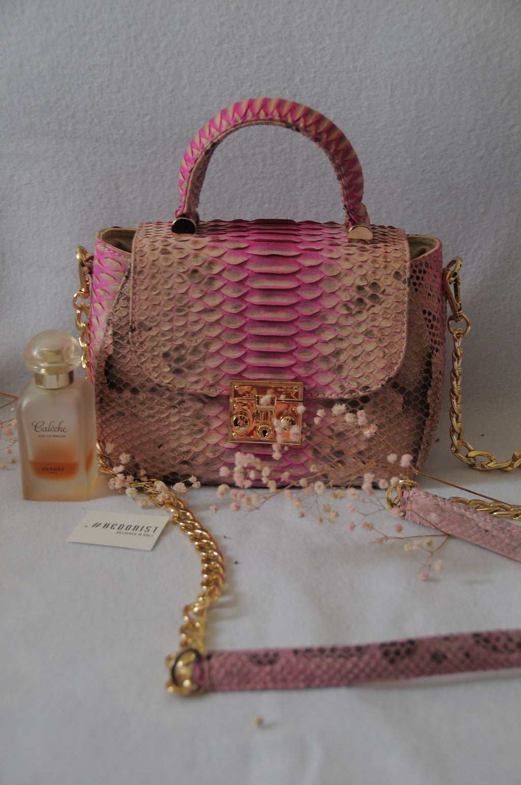Genuine python top handle bag / designer bag / exotic leather bag / baby pink multicolor summer bag / snake  print designer classy purse — Red