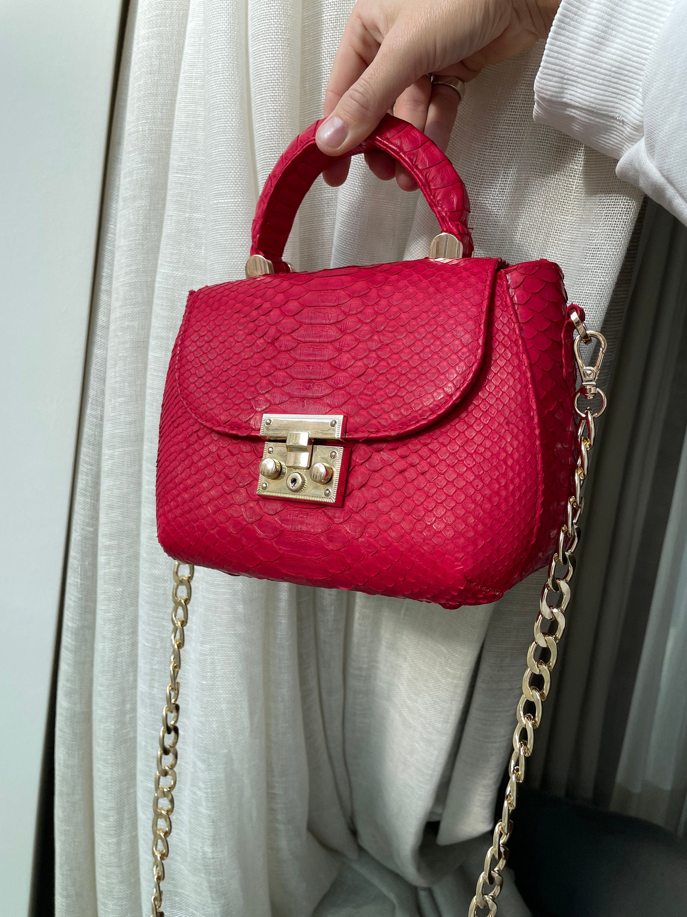 Genuine Python Skin Top Handle Bag — Red