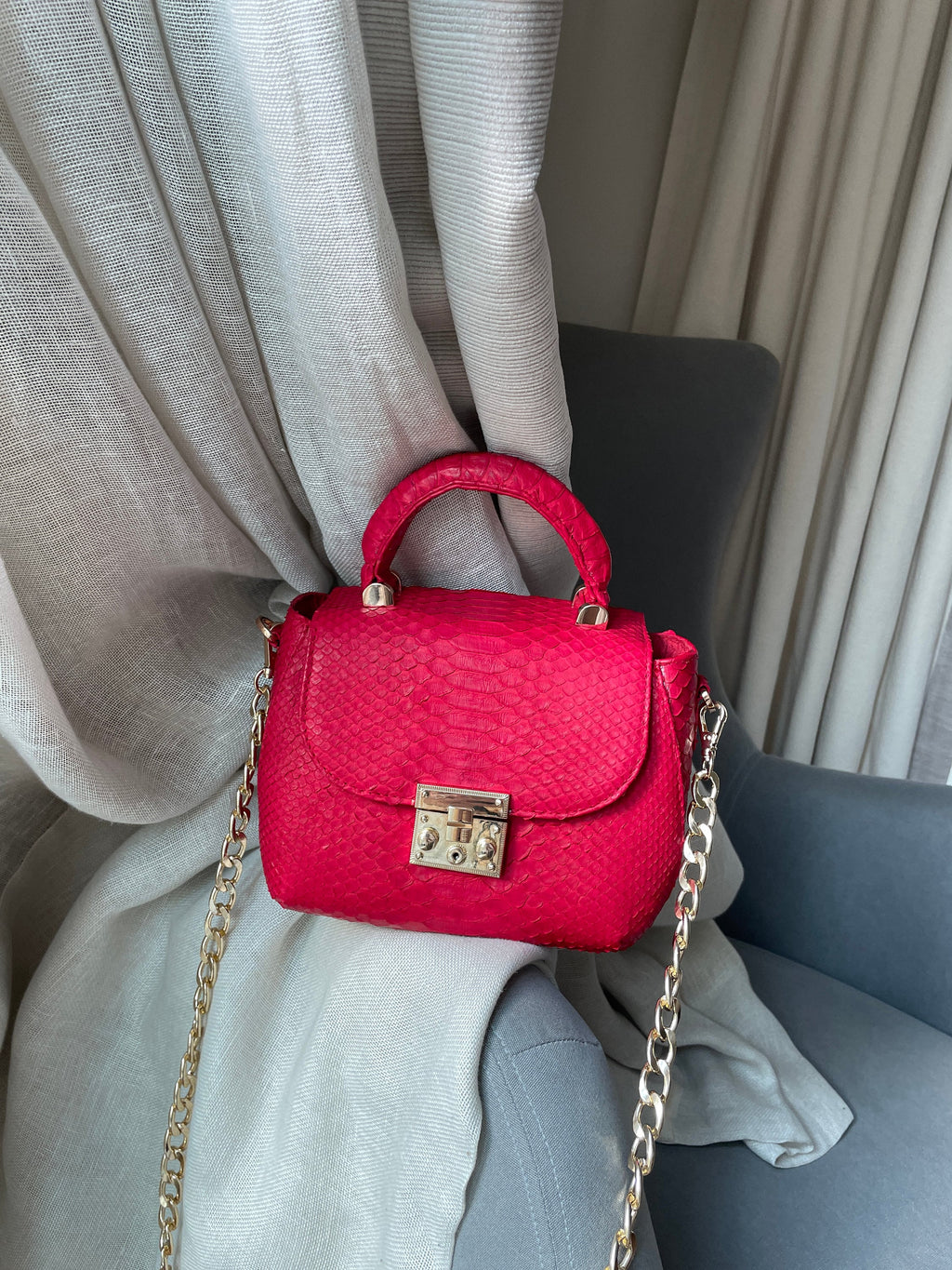Genuine Python Skin Top Handle Bag — Red
