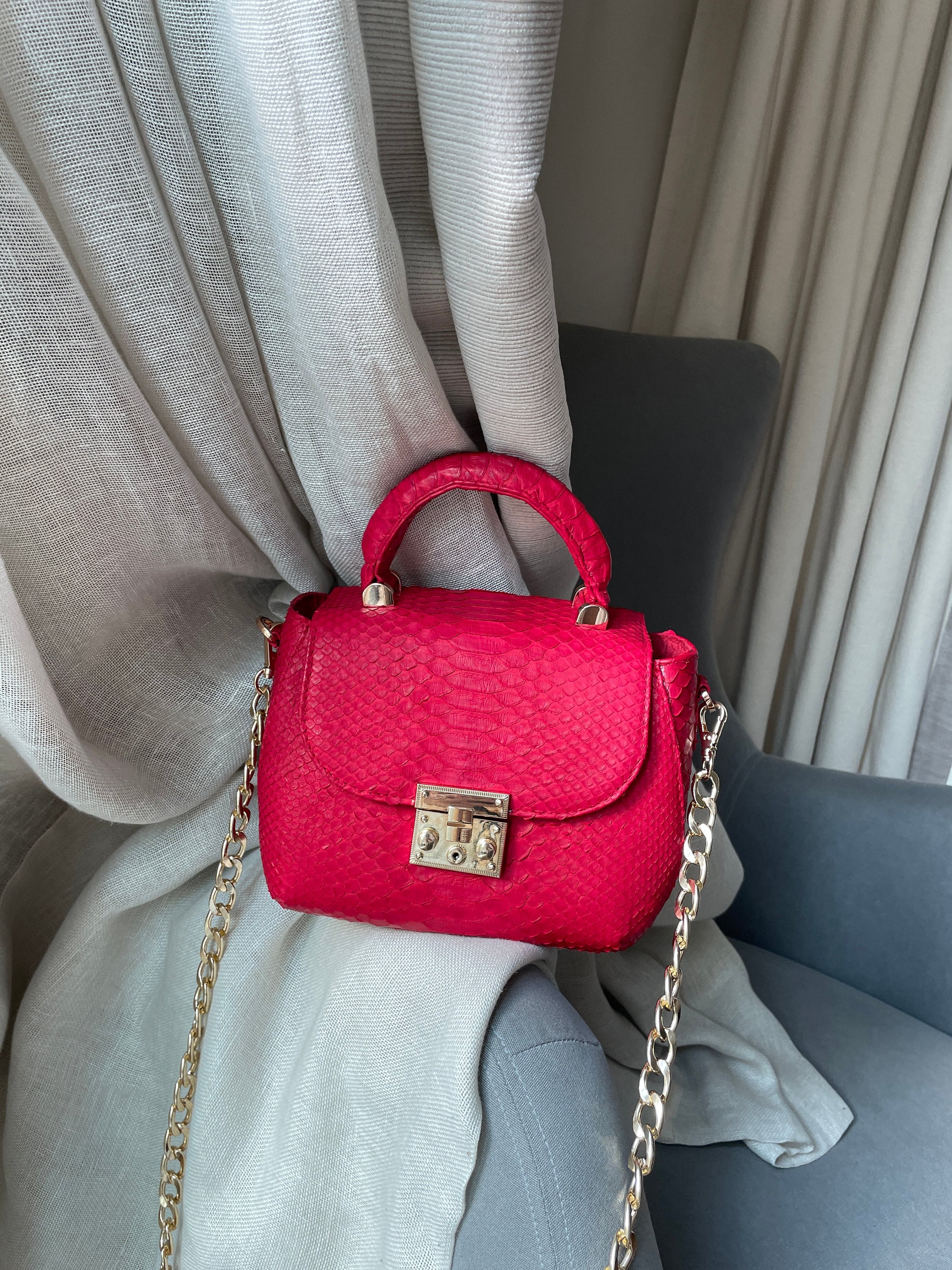 Genuine Python Skin Top Handle Bag — Red